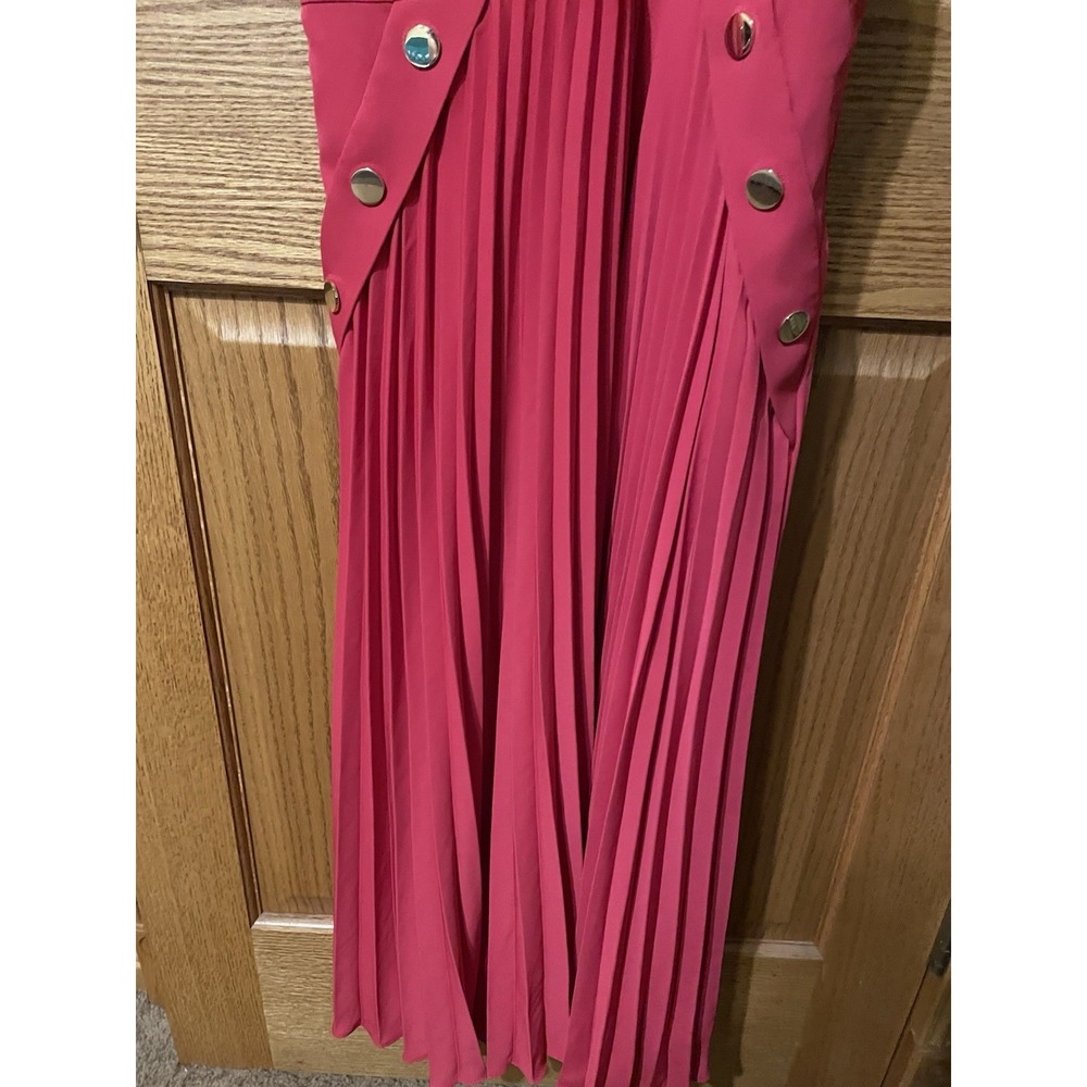 Reiss Red Pleated Halter Midi Dress Berry Pink Gold Button Detail Size 4 - Picture 14 of 14